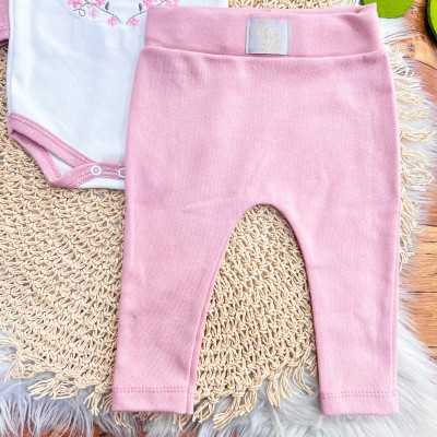 CONJ. DE MALHA 3 PEÇAS - Arco de Coração com Flores e Gola Gripyr - Rose e Off White
